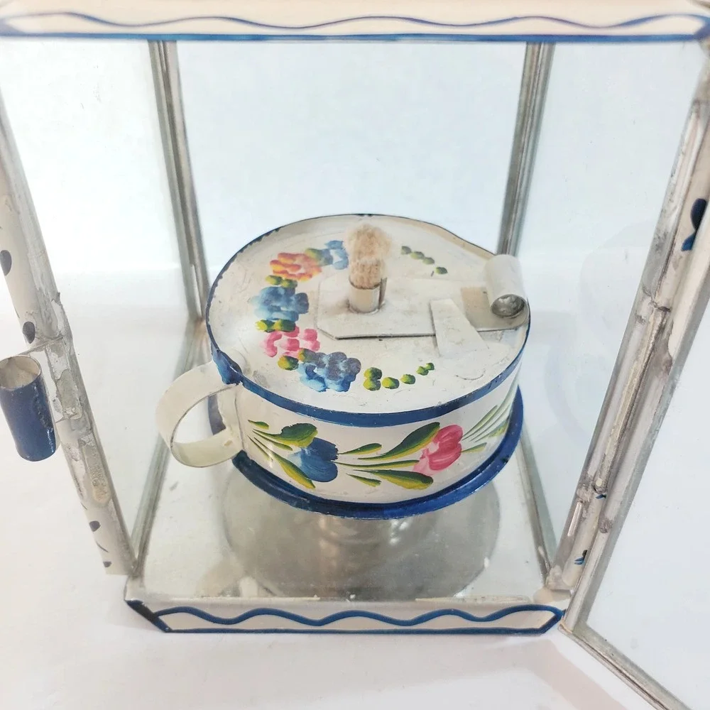 Vintage Primitive Folk Art Tin & Glass Hand Painted Floral Oil Lantern Portugal